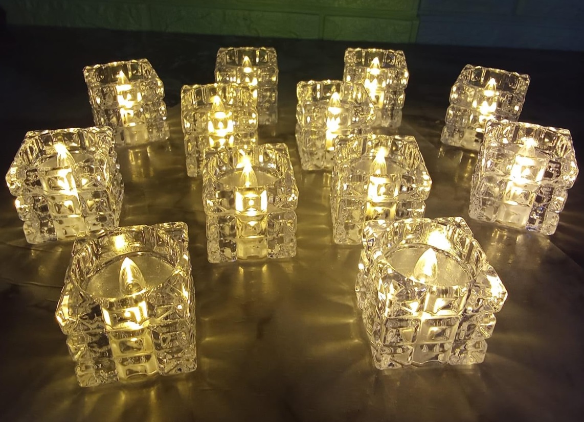 Creative Square Block Shape Warm White Lighting LED Candle Flameless & Smokeless Battery-Operated Fancy Crystal Tealights Diya for Home Decor, Diwali, Christmas, Festival, Party 